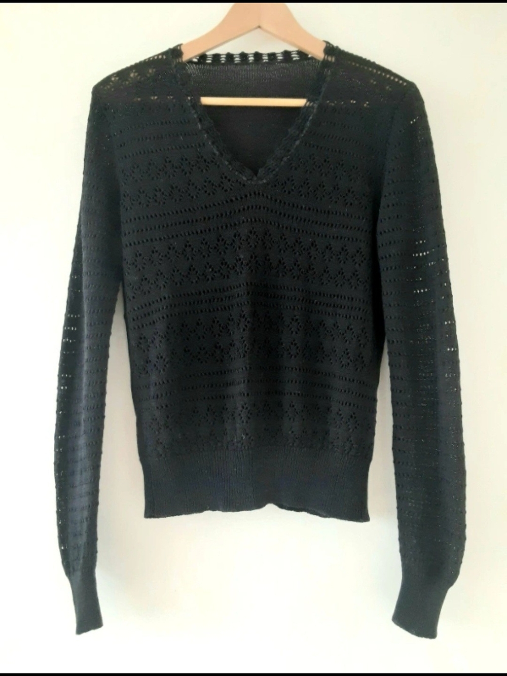 Black V-Neck Openwork Knit Sweater, Women Sz S